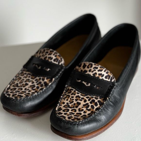 Vintage Black Leather Leopard Weejuns Penny Loafers  8 - Picture 2 of 9